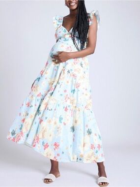Motherhood Babydoll Ruffle Sleeve Maxi Maternity Dress in Skyway Floral Small